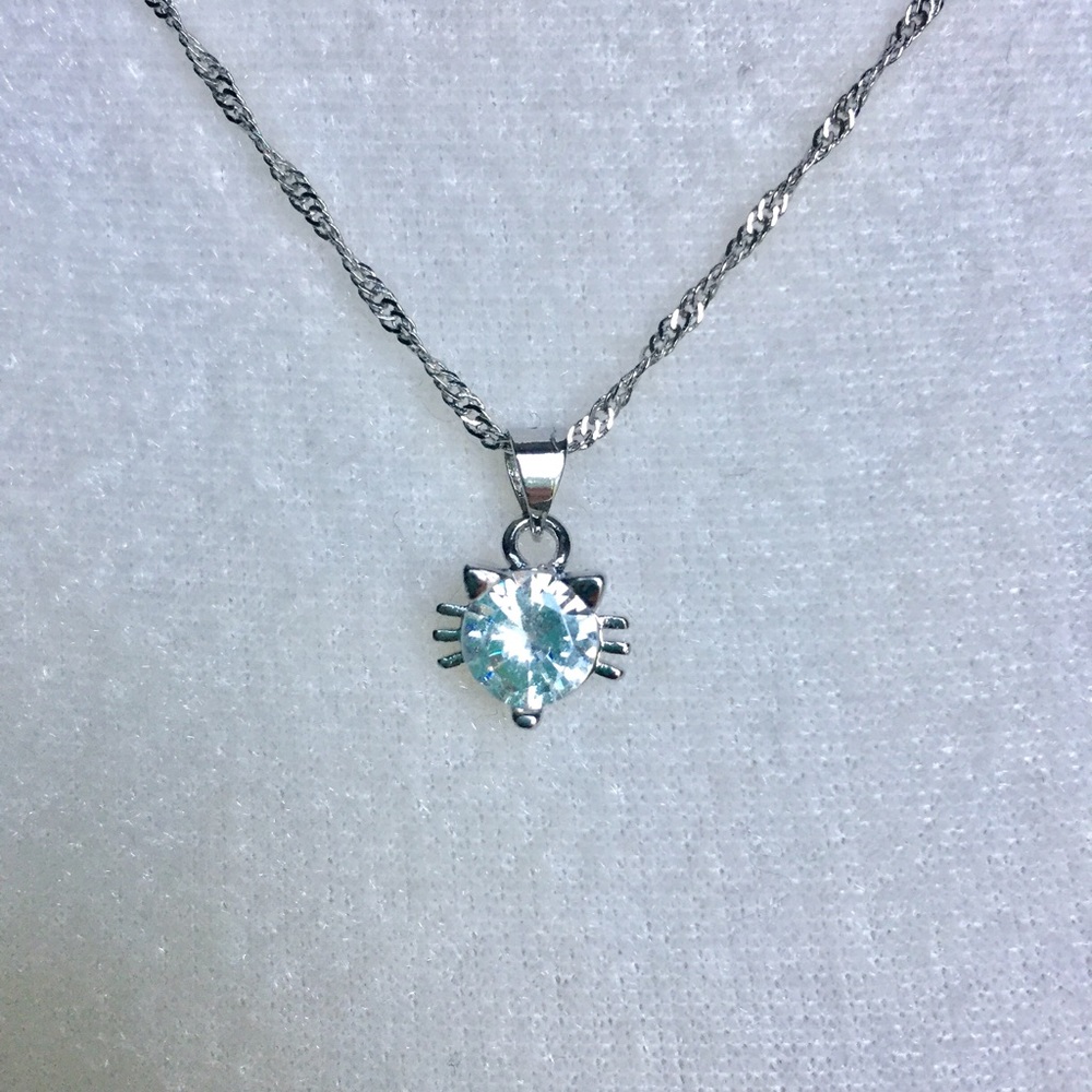 Crystal Cat Pendant Necklace 925 Silver