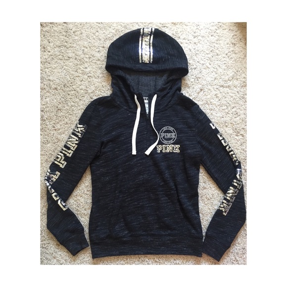PINK Victoria's Secret Jackets & Blazers - NEW‼️ PINK Black w/ Sparkles Half Zip Hoodie