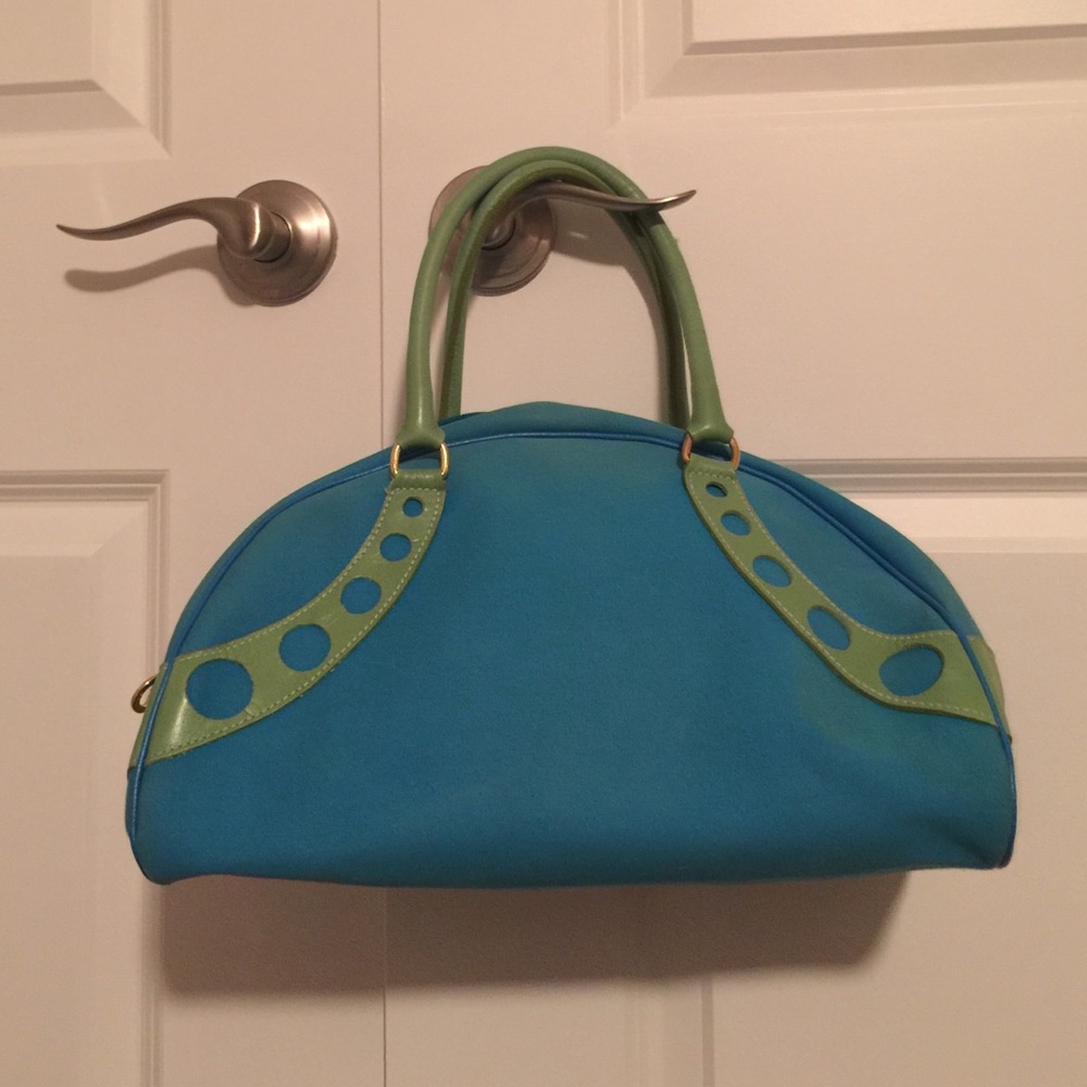 Longchamp blue and green bowling style bag