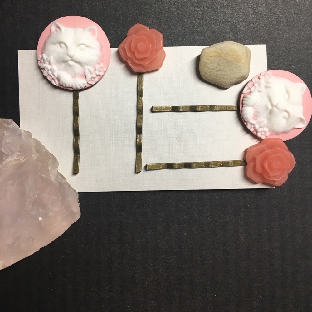 Pink Kitty Cat and Rose cameo hair pin set