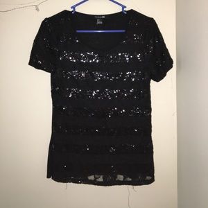 Black Sequin Stripe Short Sleeve Top