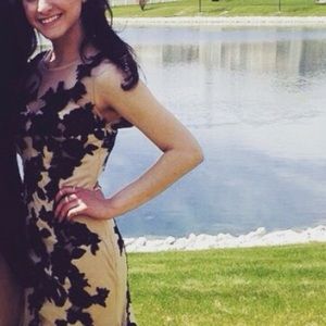 Milano formals prom dress - gold with black flower