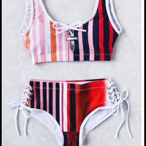 Striped Lace up Bikini