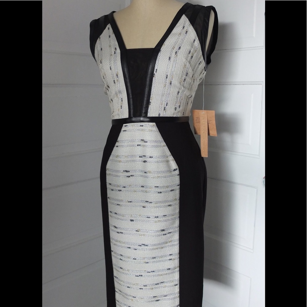 Rachel Roy Tweed Sheath Dress Faux Leather 2 NEW