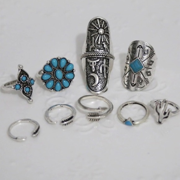 9 Vintage Turkish Turquoise Silver Boho Midi Rings - Picture 3 of 7