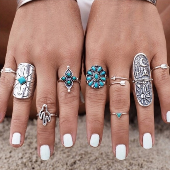 9 Vintage Turkish Turquoise Silver Boho Midi Rings - Picture 2 of 7