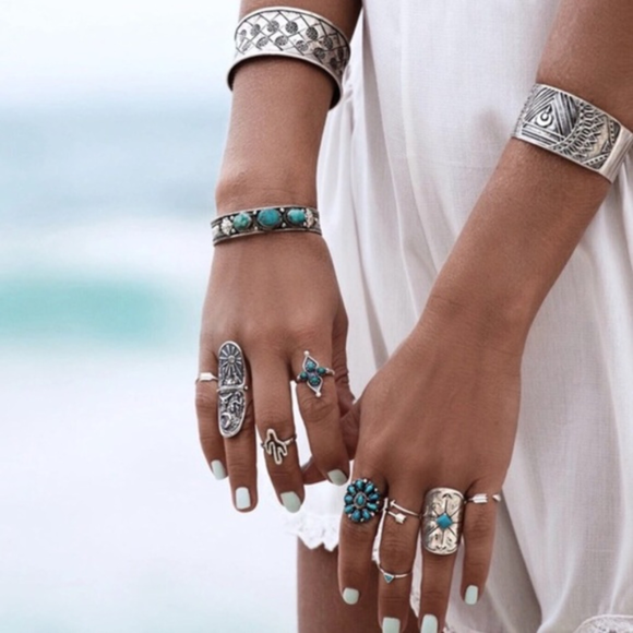 9 Vintage Turkish Turquoise Silver Boho Midi Rings - Picture 4 of 7