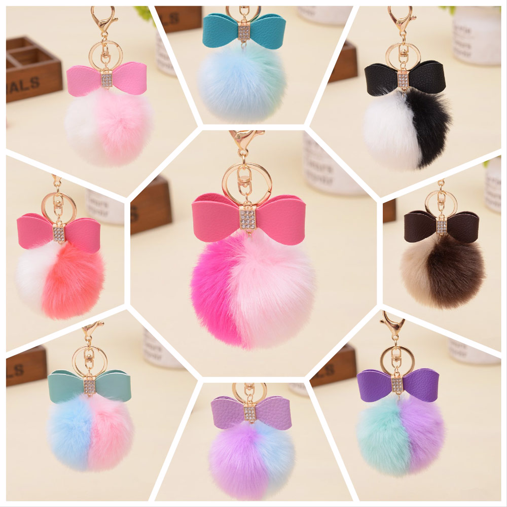 Fur Pom Pom Keychain Bling Bow Handbag Purse Charm