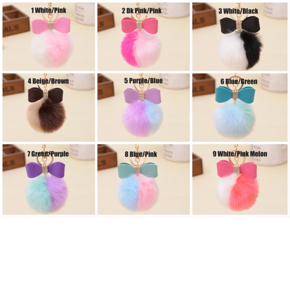Fur Pom Pom Keychain Bling Bow Handbag Purse Charm - Picture 2 of 2