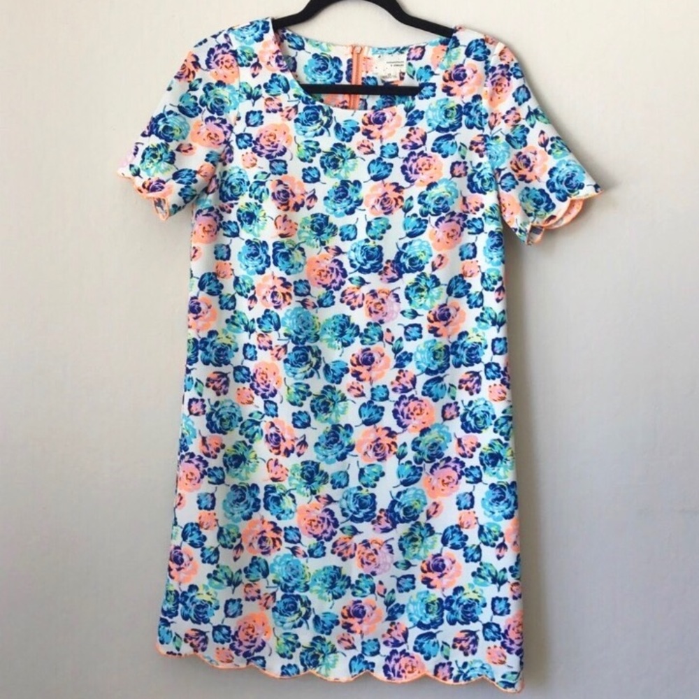 Scalloped Hem Neon Floral Shift Dress