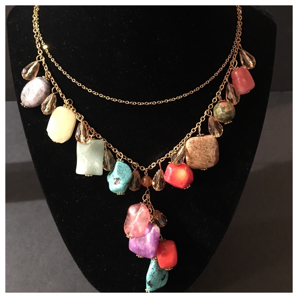 PRETTY COLORFUL STONE NECKLACE GOLD TONE