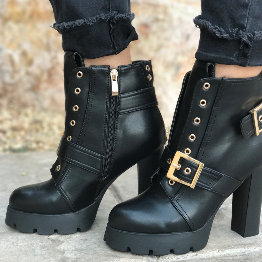 Black Platform Buckle Ankle Boot