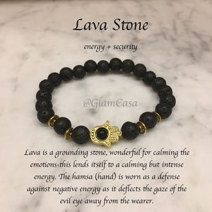 Lava Stone + Gold Hamsa Fatima Healing Bracelet
