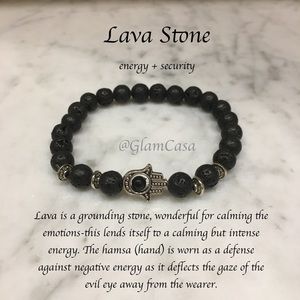 Lava Stone + Silver Hamsa Fatima Healing Bracelet