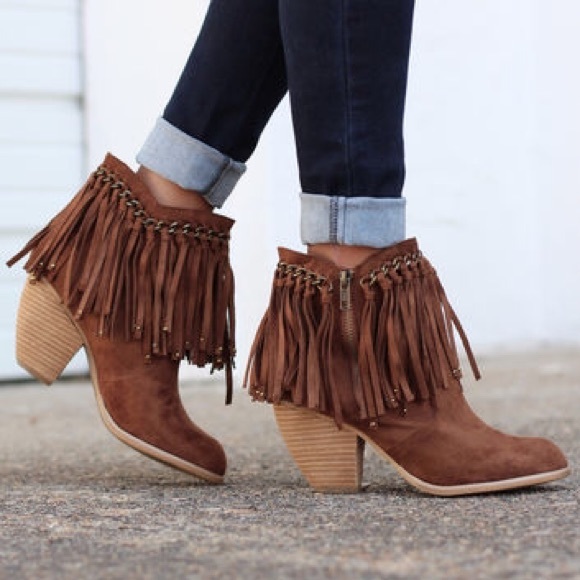 Cognac Fringe Boho Ankle Booties - Picture 2 of 4