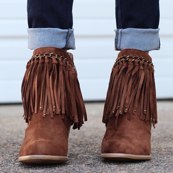 Cognac Fringe Boho Ankle Booties - Picture 3 of 4