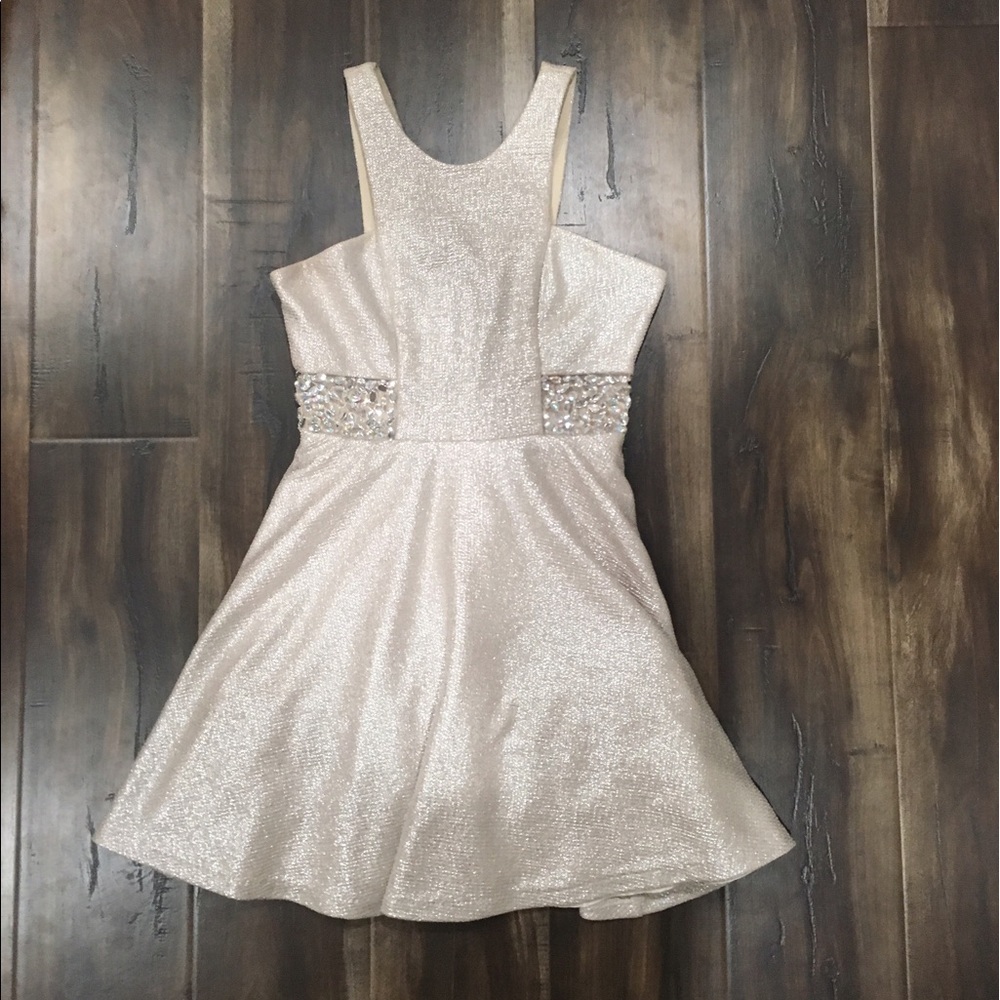 Cream Colored Fit + Flare Sparkly Formal Dress