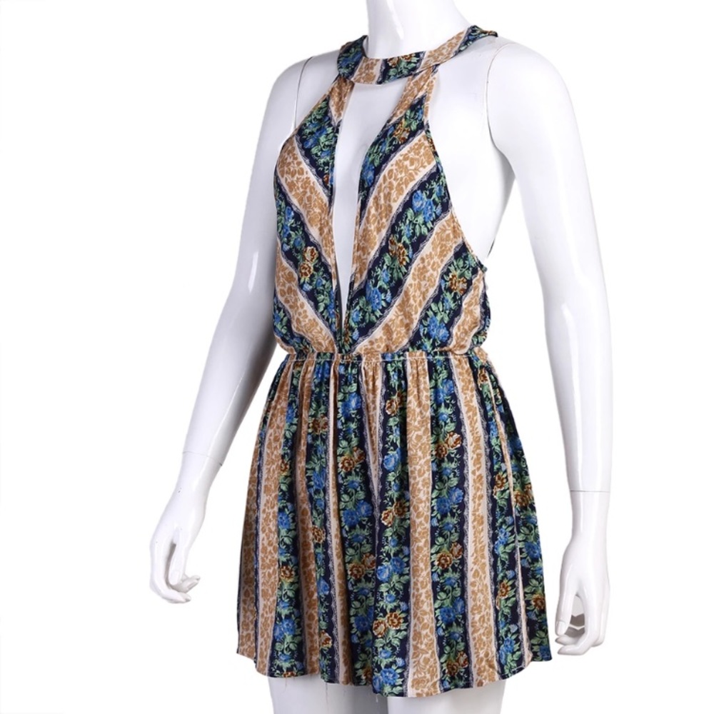 Flirty Backless Floral Stripe Jumper Dress Romper - Picture 2 of 6