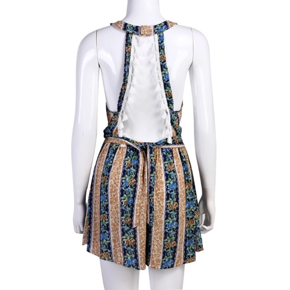 Flirty Backless Floral Stripe Jumper Dress Romper - Picture 3 of 6