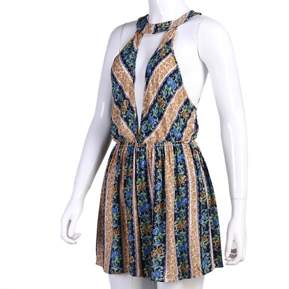 Flirty Backless Floral Stripe Jumper Dress Romper - Picture 2 of 6