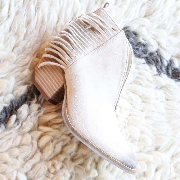 Distressed Cream Fringe V Cut Ankle Bootie - Picture 6 of 8