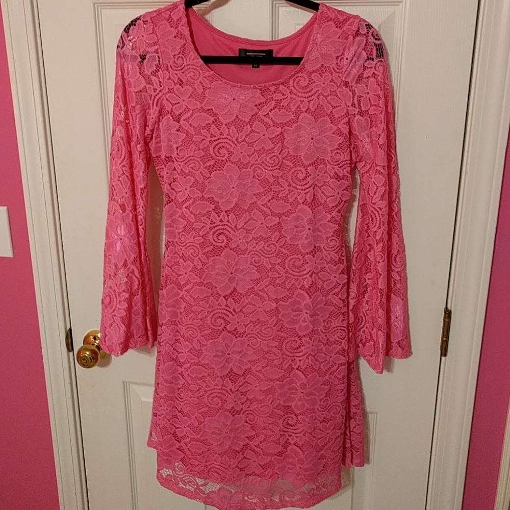 Pink Lace Bell Sleeve A Line Dress