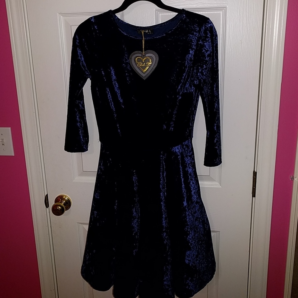 Navy Crushed Velvet Skater Dress