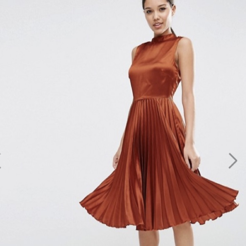 ASOS Pleated Midi Dress in Satin with High Neck
