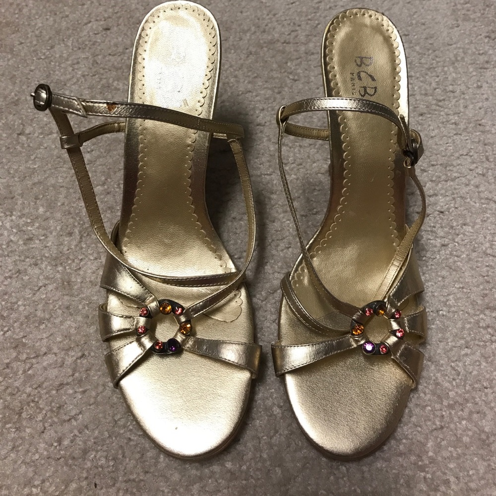 BCBG Paris gold high-heeled sandals