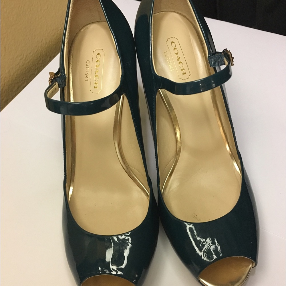 Green and gold patten leather Coach heels
