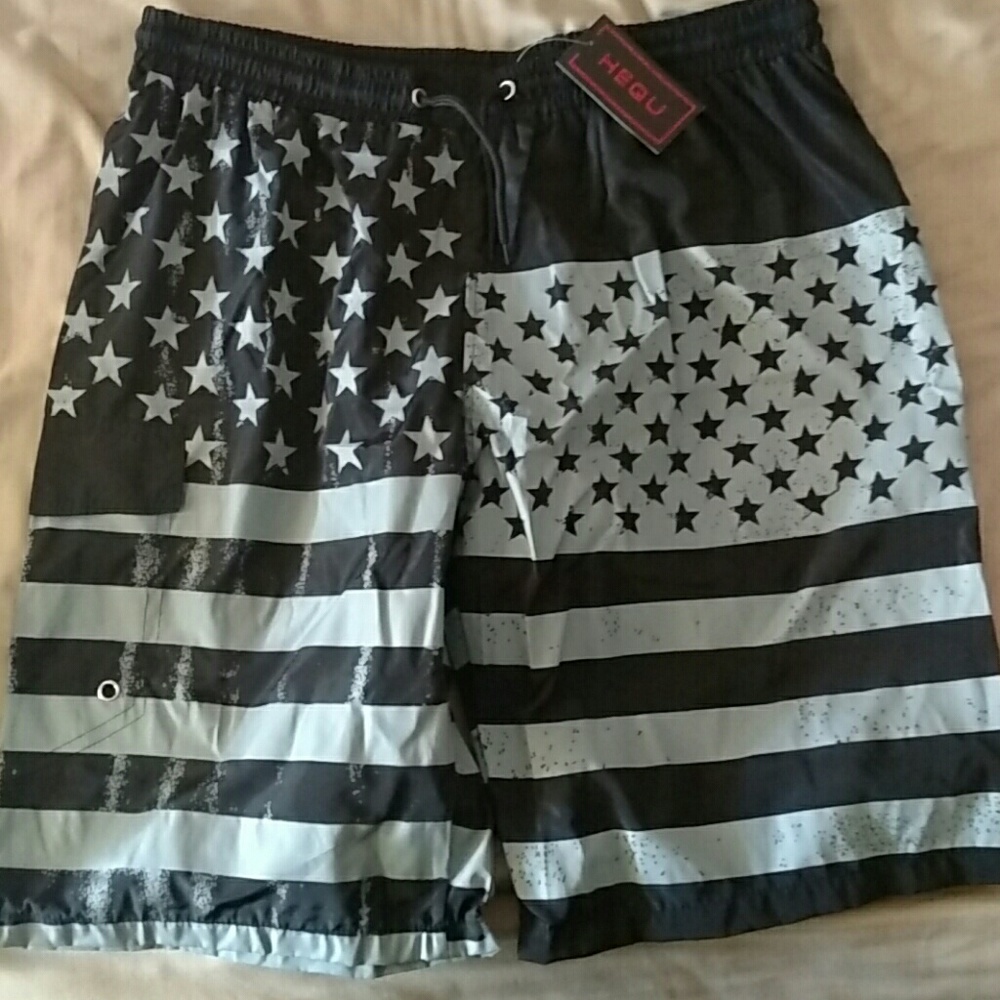 Black and grey american flag swim trunks