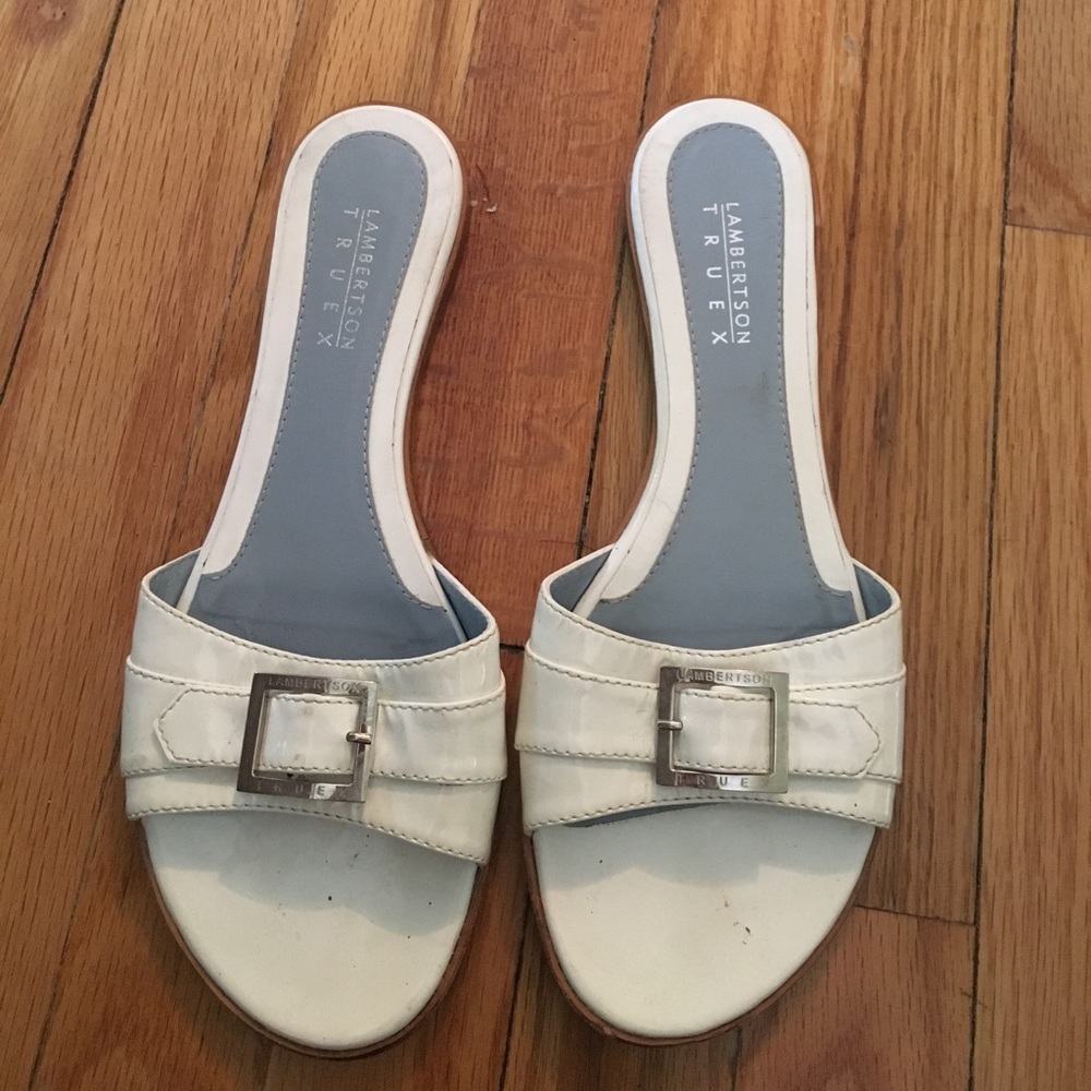 Lambertson Truex white patent mules!