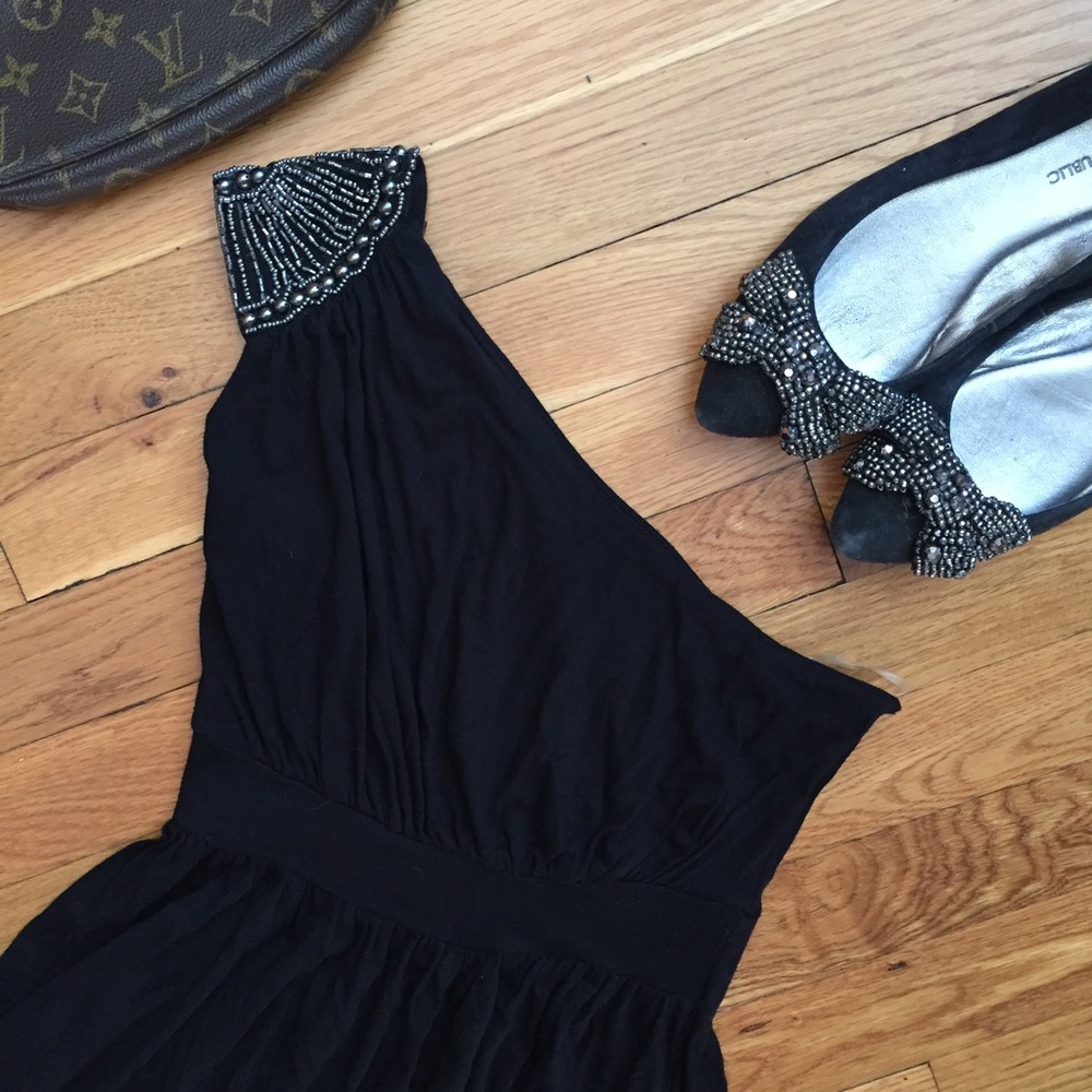 Aqua Black embellished one shoulder dress