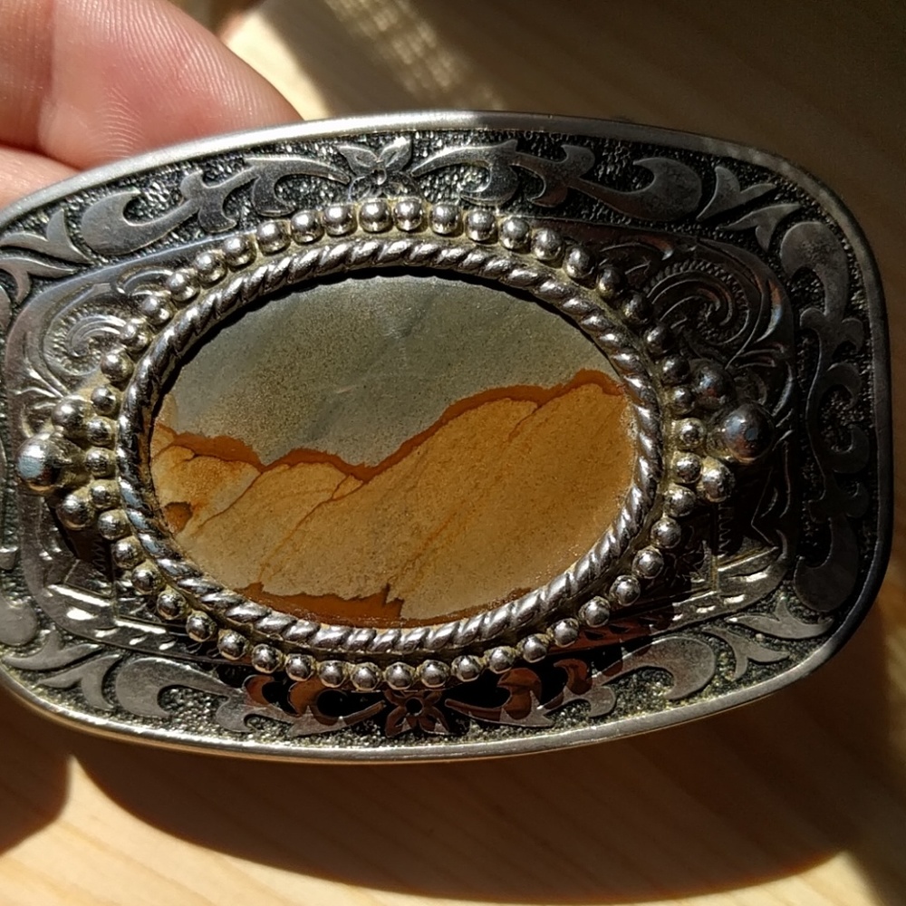 Western belt buckle, Jasper Stone, silver tone