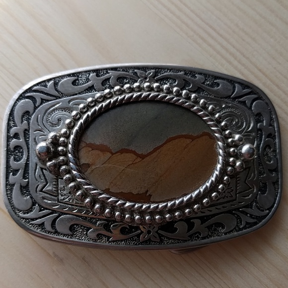 Western belt buckle, Jasper Stone, silver tone - Picture 2 of 4