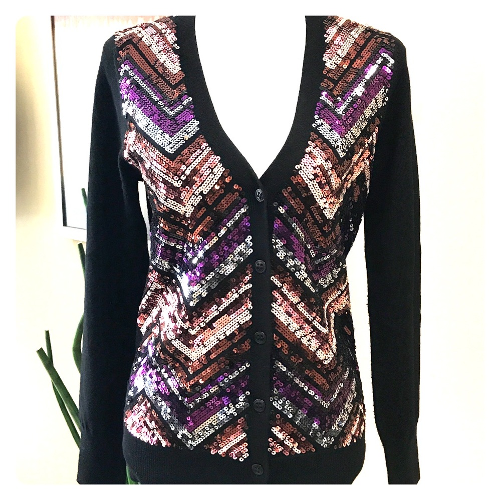 TRINA TURK Black Cardigan Chevron Sequined Front L