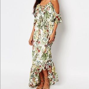 Boohoo Floral Print Ruffle off the shoulder Dress