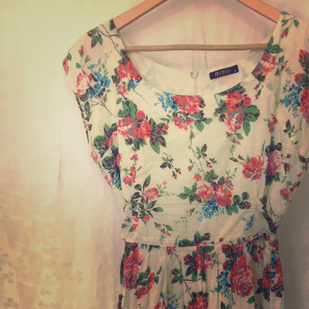 Ivory Floral Print Midi Cotton Dress