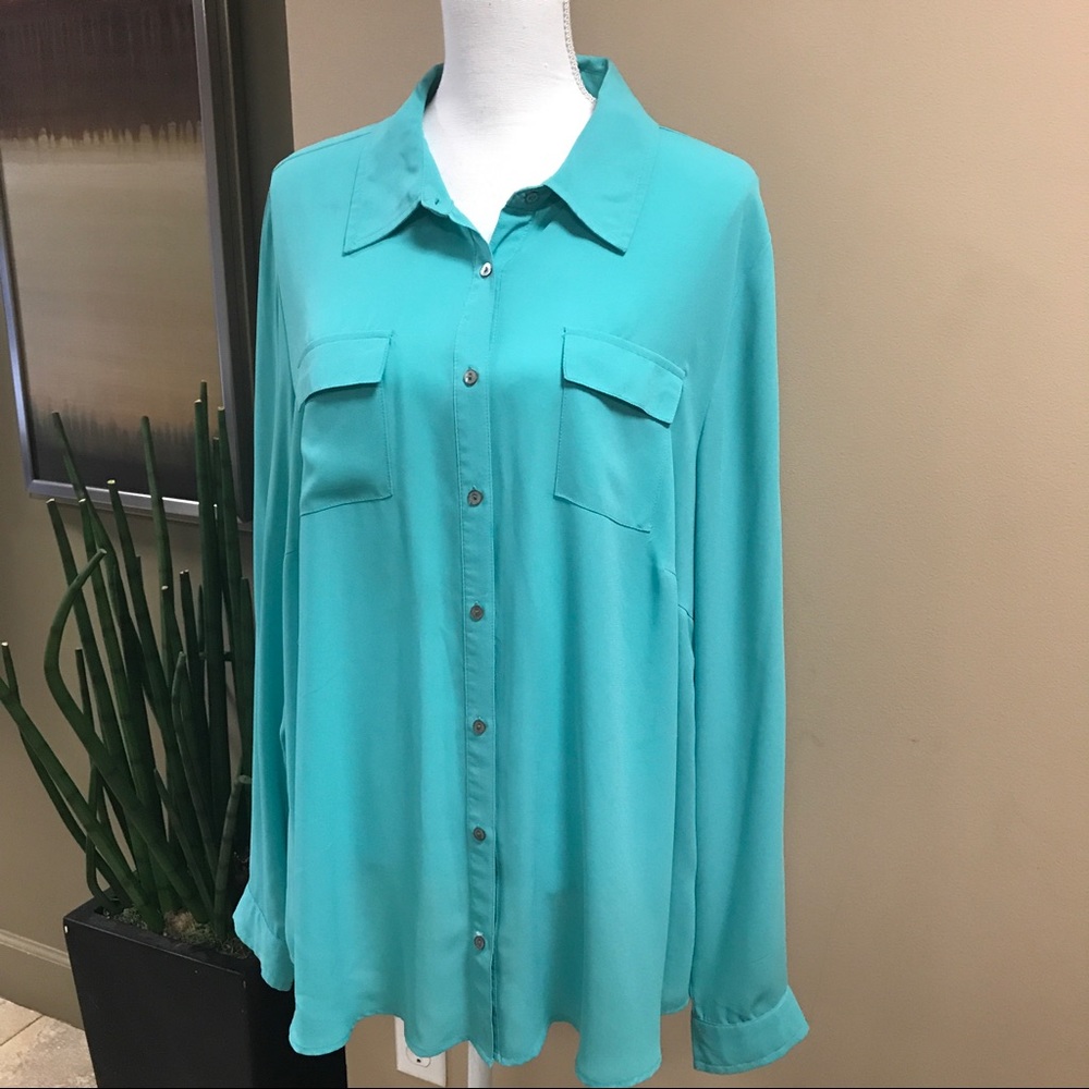 Forever 21 Plus Size Button Down Sheer Teal L/S 2X
