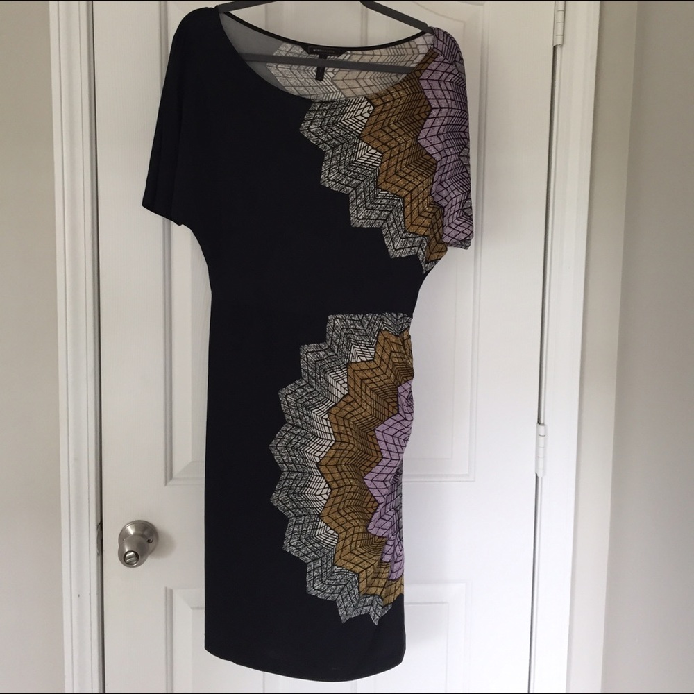 BCBG Black Shirred Waist Dress Starburst Pattern