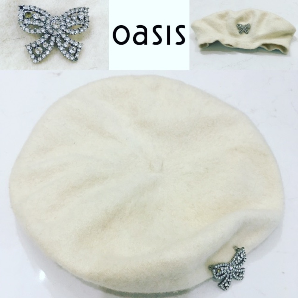 OASIS CREAM WOOL BERET WITH BOW BROACH