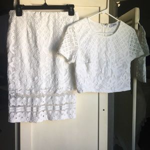 White lace two-piece w/ midriff top & pencil skirt