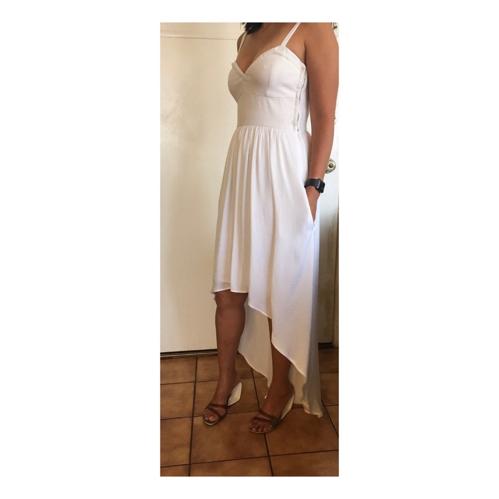 White BCBG hi and low spaghetti strap dress