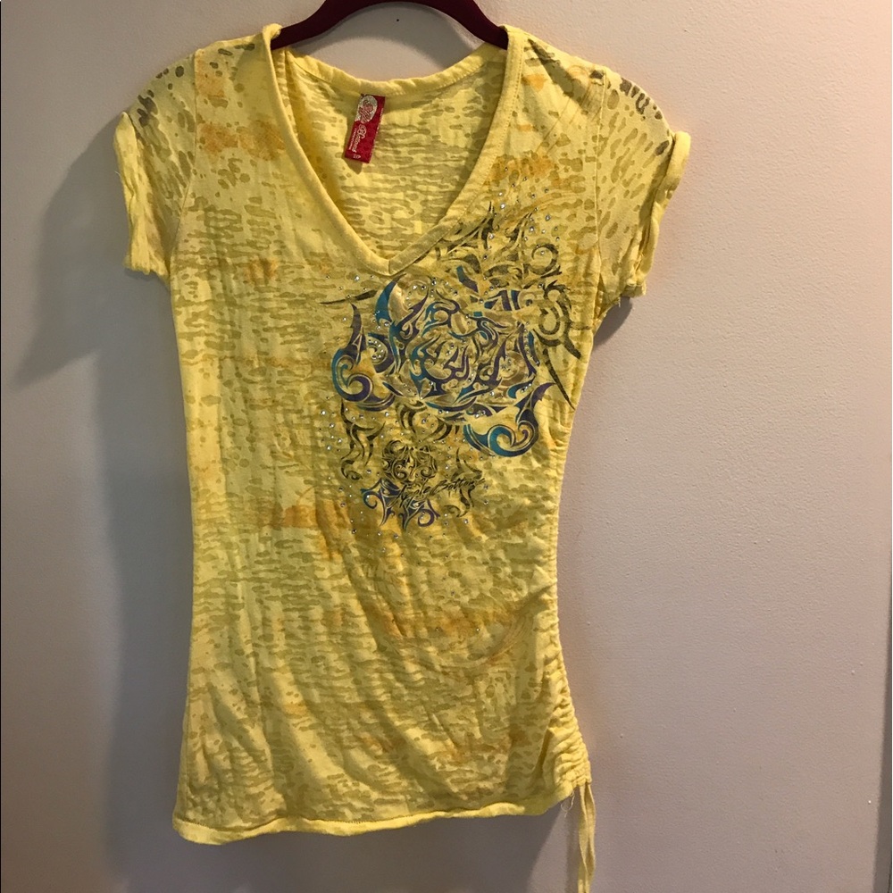 Yellow Burn out shirt/graphic design&rhinestones