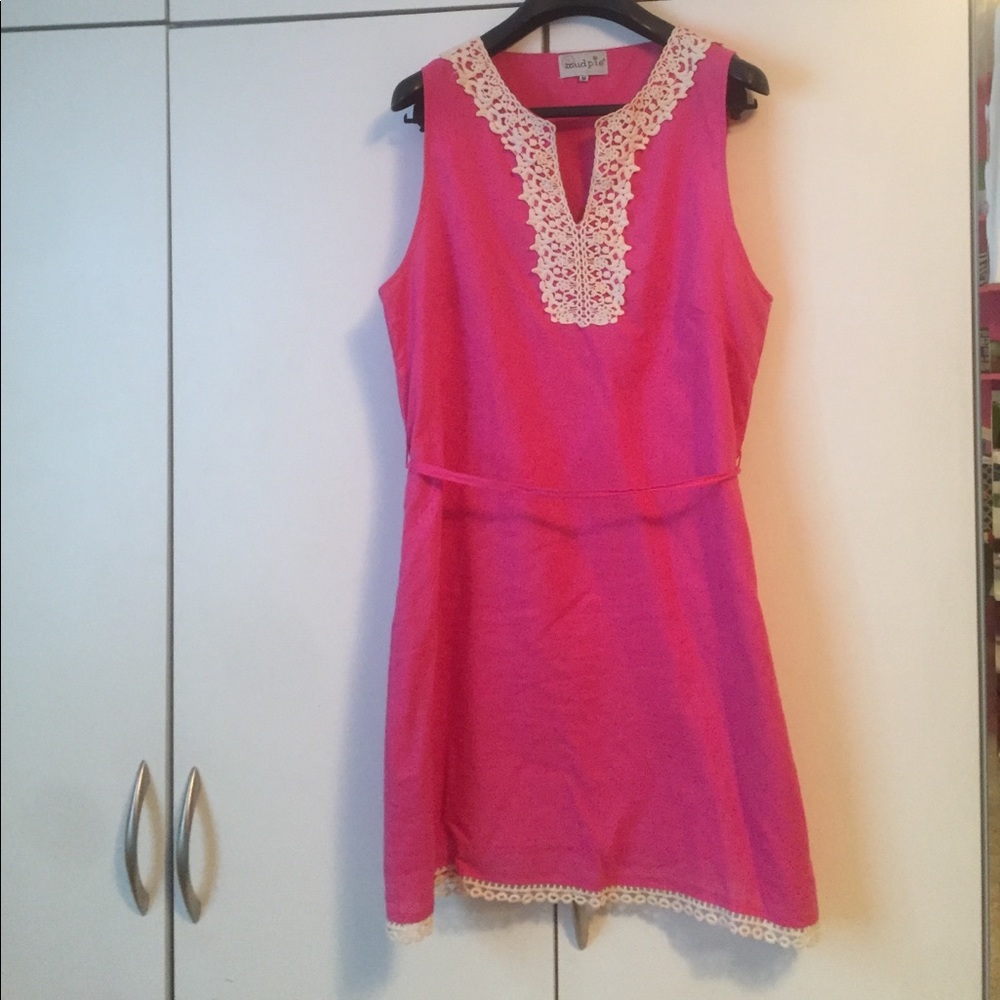 Hot pink white crochet collar dress
