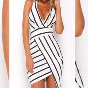Striped Plunge Neck Asymmetric Dress