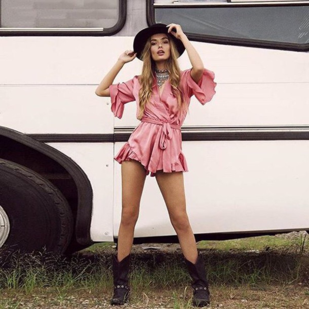 Satin Kimono Style Romper with Tie (Blush/Nude)