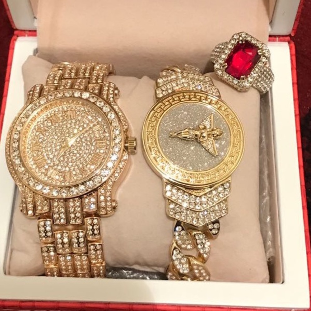 Men's Gold Plated Watch&Angel Bracelet&Ruby Ring