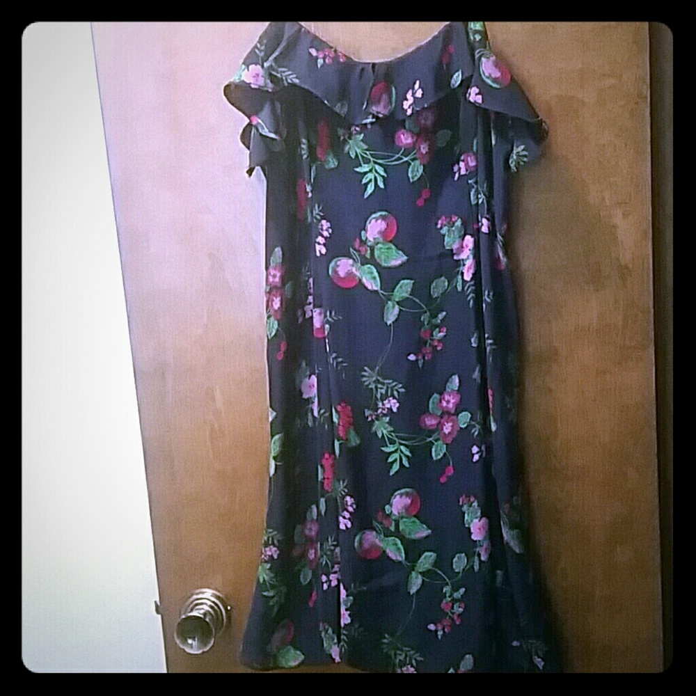 Navy blue floral print dress with lace up back