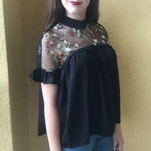 Floral embroidered top with mesh panel NWOT.